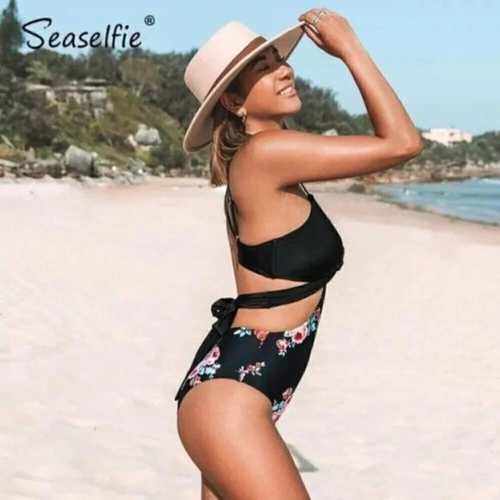 NWT Black Floral Printed One Piece Size Medium Wrap Cutout Bathing Suit - Picture 2 of 10